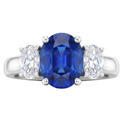 Sri Lankan Blue Sapphire & Natural Earth Mined Diamond Ring 3 Stone 2.60 Carat WG 14K