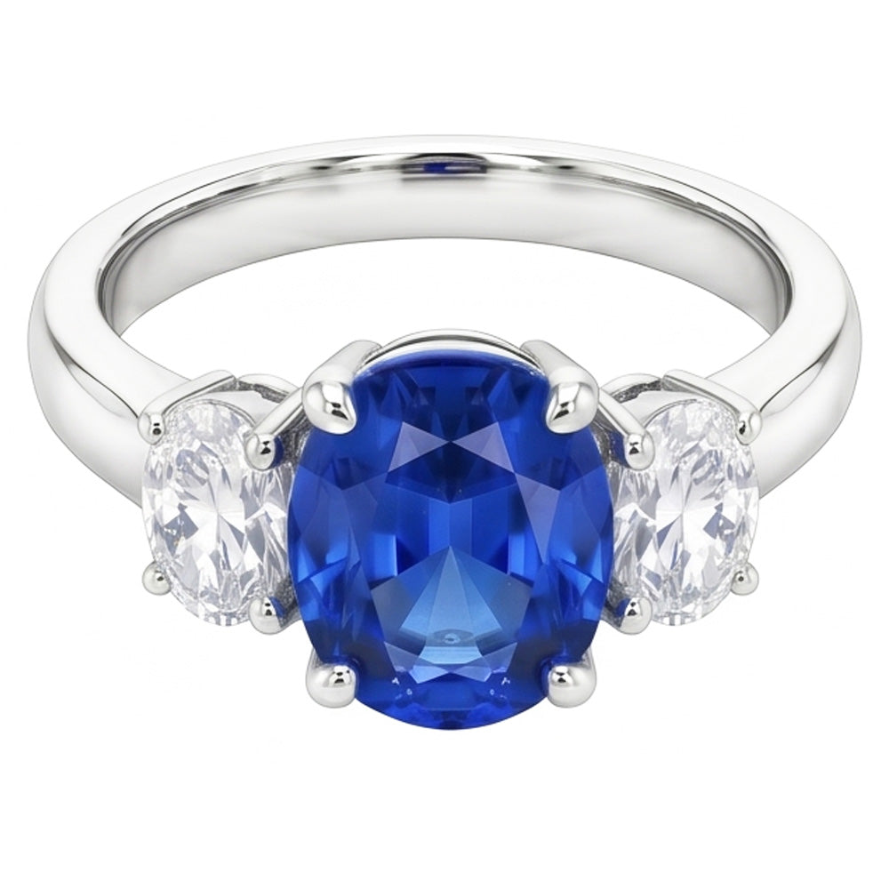 Sri Lankan Blue Sapphire & Natural Earth Mined Diamond Ring 3 Stone 2.60 Carat WG 14K