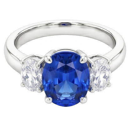 Sri Lankan Blue Sapphire & Natural Earth Mined Diamond Ring 3 Stone 2.60 Carat WG 14K