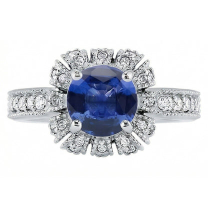 Sri Lankan Sapphire Round Cut Natural Earth Mined Diamond Wedding Ring 3.20 Carats Jewelry
