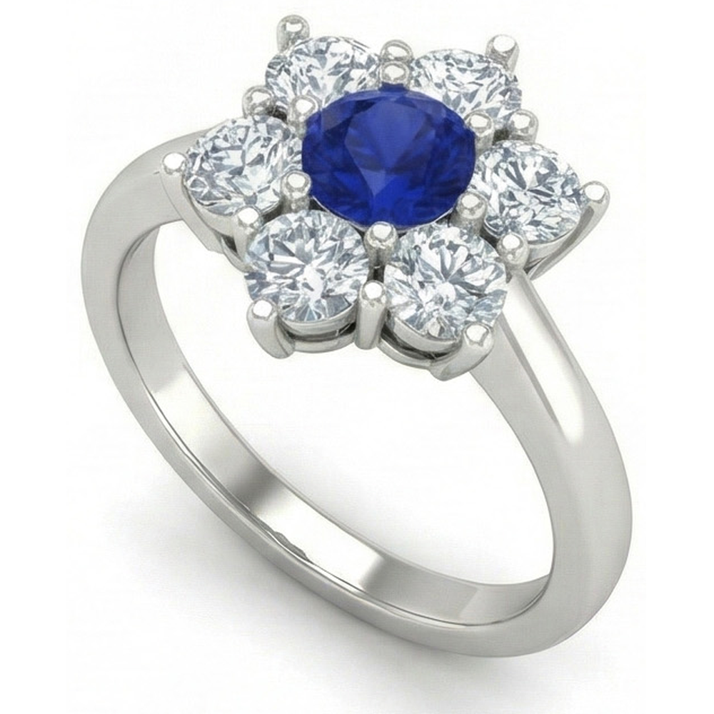Sri Lankan Sapphire Round Natural Earth Mined Diamond Ring 4 Carats White Gold 14K