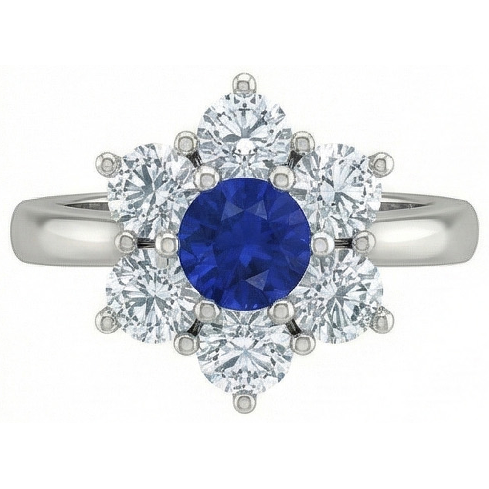 Sri Lankan Sapphire Round Natural Earth Mined Diamond Ring 4 Carats White Gold 14K