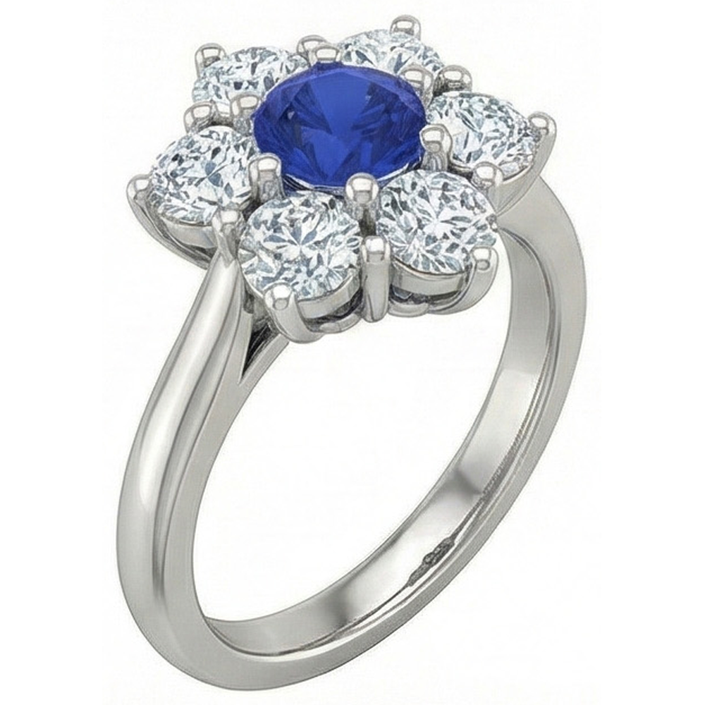 Sri Lankan Sapphire Round Natural Earth Mined Diamond Ring 4 Carats White Gold 14K