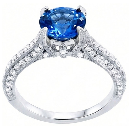 Sri Lankan Sapphire With Natural Earth Mined Diamonds Round Cut Ring 4.50 Ct