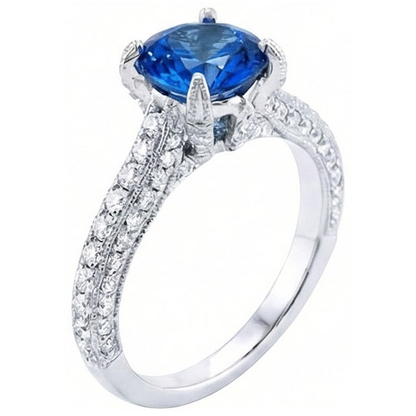 Sri Lankan Sapphire With Natural Earth Mined Diamonds Round Cut Ring 4.50 Ct