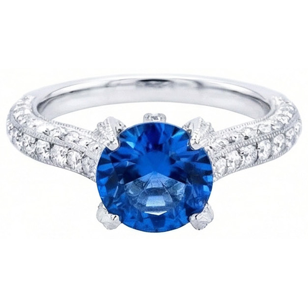 Sri Lankan Sapphire With Natural Earth Mined Diamonds Round Cut Ring 4.50 Ct