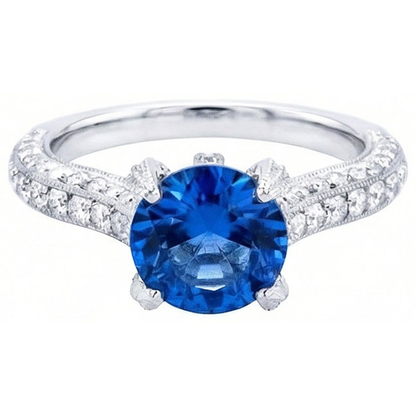 Sri Lankan Sapphire With Natural Earth Mined Diamonds Round Cut Ring 4.50 Ct