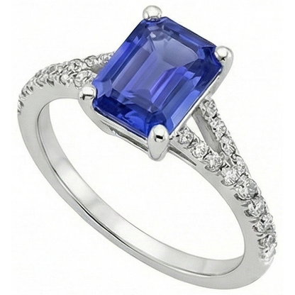 Sri Lankan Sapphire & Natural Earth Mined Diamond 4 Carats Emerald Solitaire Accents Ring