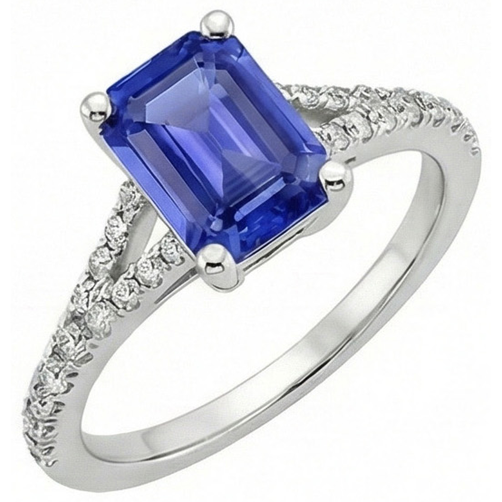 Sri Lankan Sapphire & Natural Earth Mined Diamond 4 Carats Emerald Solitaire Accents Ring