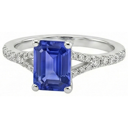 Sri Lankan Sapphire & Natural Earth Mined Diamond 4 Carats Emerald Solitaire Accents Ring