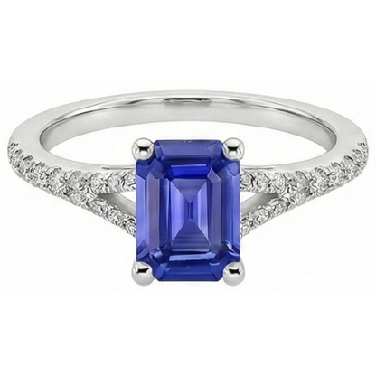 Sri Lankan Sapphire & Natural Earth Mined Diamond 4 Carats Emerald Solitaire Accents Ring