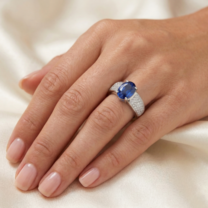 Sri Lanka Blue Sapphire Round Natural Earth Mined Diamonds Ring White Gold 4.40 Carats