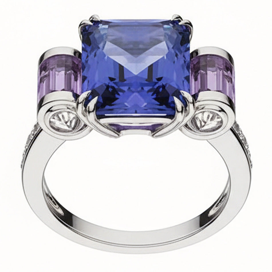 Sri Lankan Sapphire Amethyst And Natural Earth Mined Diamonds 8 Carat Ring 14K Jewelry