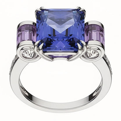 Sri Lankan Sapphire Amethyst And Natural Earth Mined Diamonds 8 Carat Ring 14K Jewelry