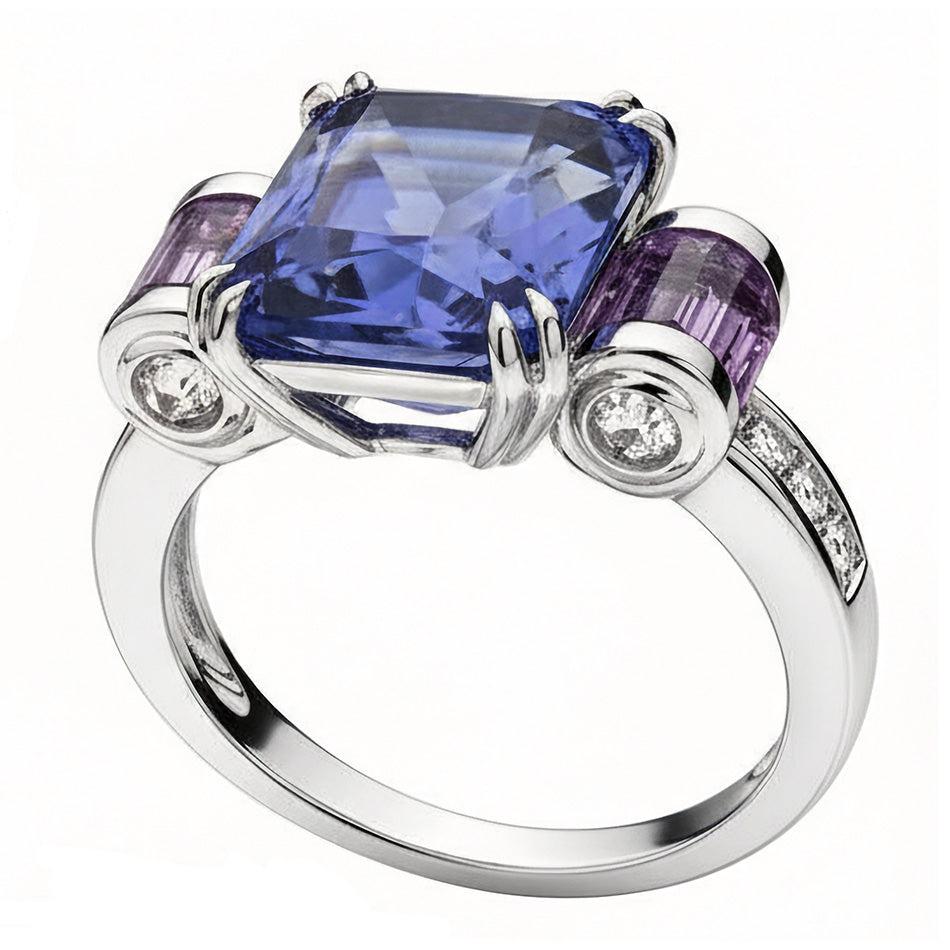 Sri Lankan Sapphire Amethyst And Natural Earth Mined Diamonds 8 Carat Ring 14K Jewelry