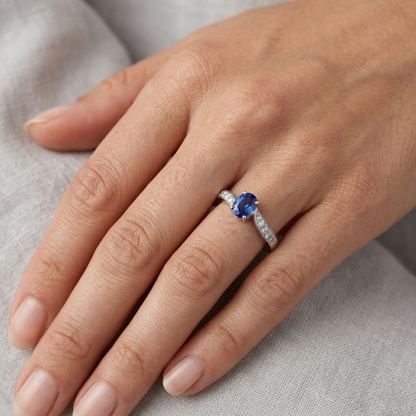 Sri Lankan Sapphire Oval Natural Earth Mined Diamond Promise Ring White Gold 14K