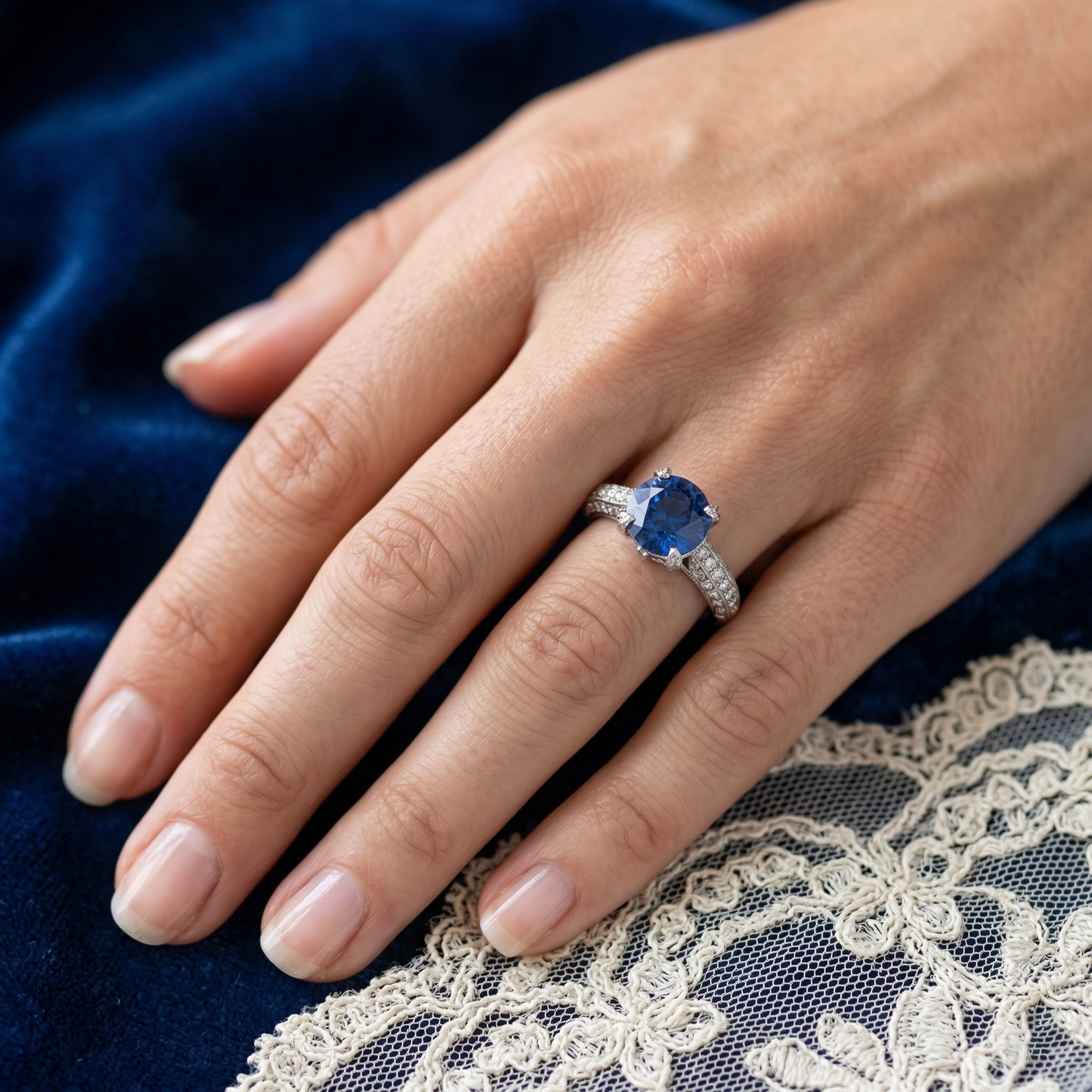 Sri Lankan Sapphire With Natural Earth Mined Diamonds Round Cut Ring 4.50 Ct