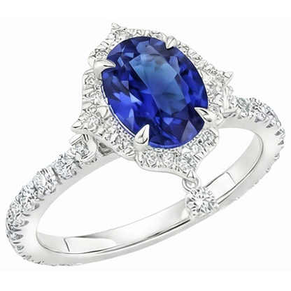 Srilanka Sapphire Halo Pear Cut Natural Earth Mined Diamond Ring 6 Carats Pyramid Style