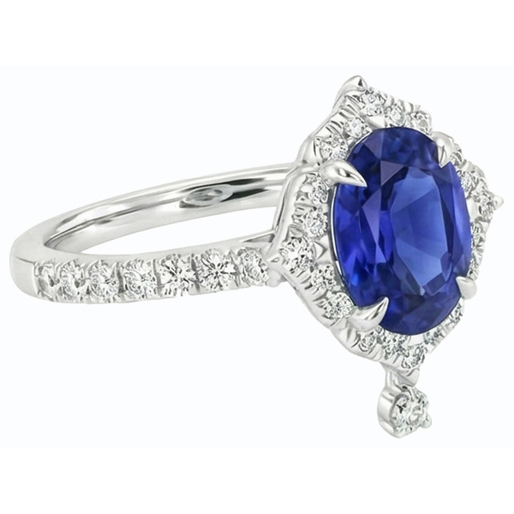 Srilanka Sapphire Halo Pear Cut Natural Earth Mined Diamond Ring 6 Carats Pyramid Style