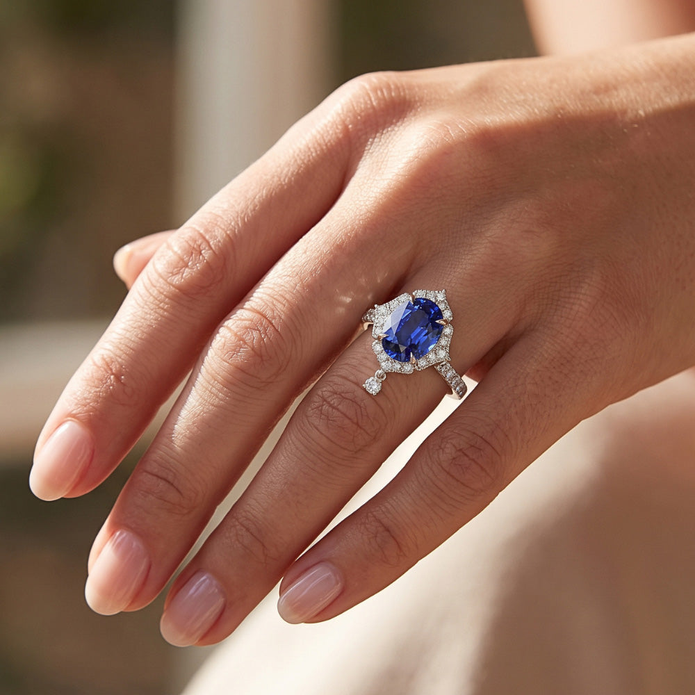 Srilanka Sapphire Halo Pear Cut Natural Earth Mined Diamond Ring 6 Carats Pyramid Style