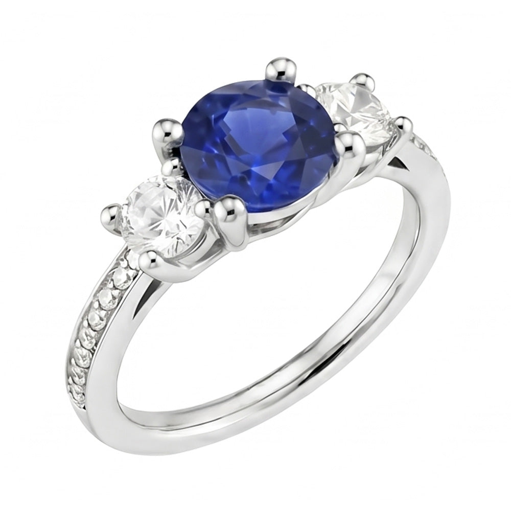 Srilanka Sapphire Natural Earth Mined Diamond Round Cut Ring 3.50 Carats White Gold 14K