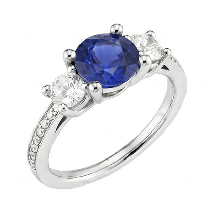 Srilanka Sapphire Natural Earth Mined Diamond Round Cut Ring 3.50 Carats White Gold 14K