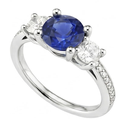 Srilanka Sapphire Natural Earth Mined Diamond Round Cut Ring 3.50 Carats White Gold 14K