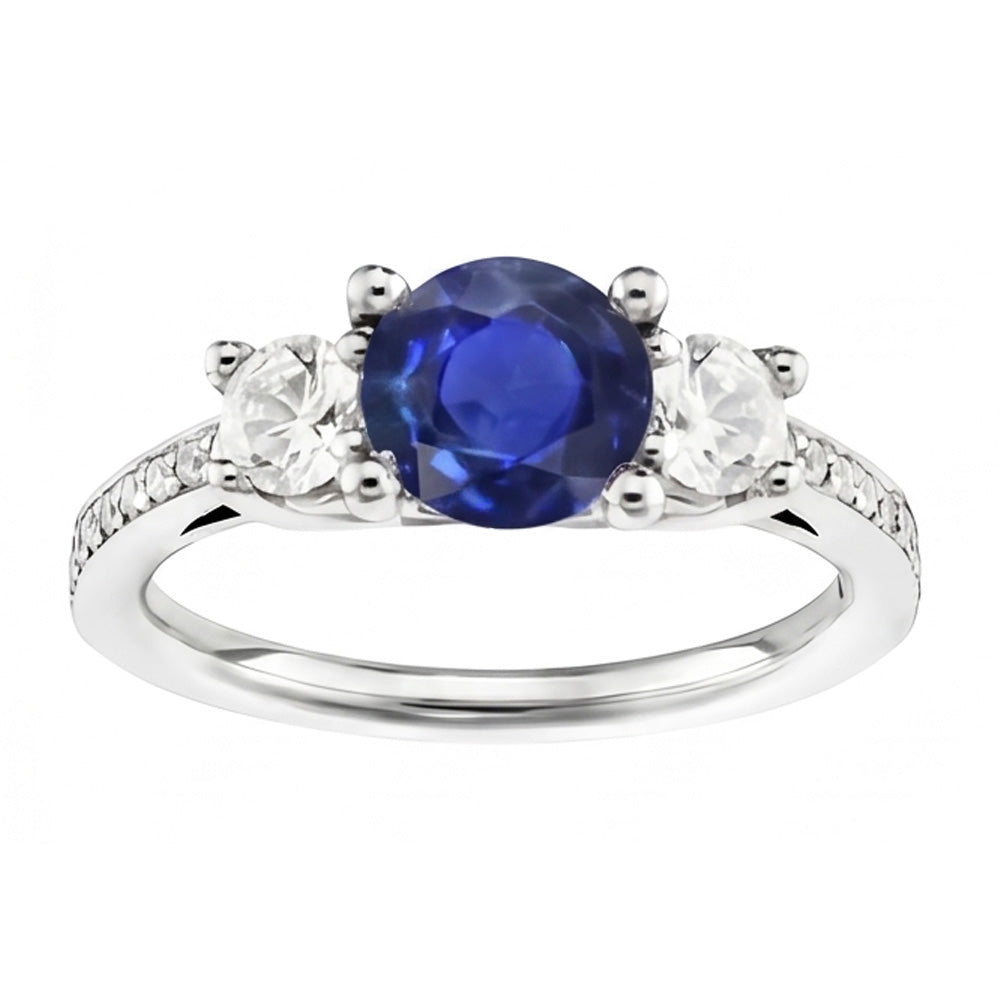 Srilanka Sapphire Natural Earth Mined Diamond Round Cut Ring 3.50 Carats White Gold 14K