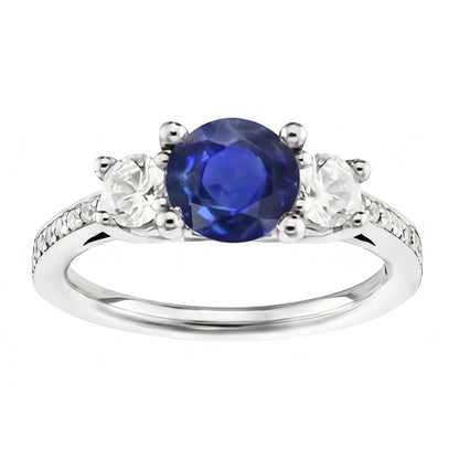 Srilanka Sapphire Natural Earth Mined Diamond Round Cut Ring 3.50 Carats White Gold 14K