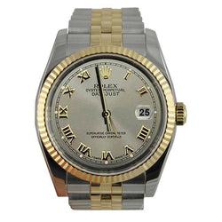 Ss & Gold Gray Roman Dial Datejust Men Watch Rolex Fluted Bezel QUICK SET