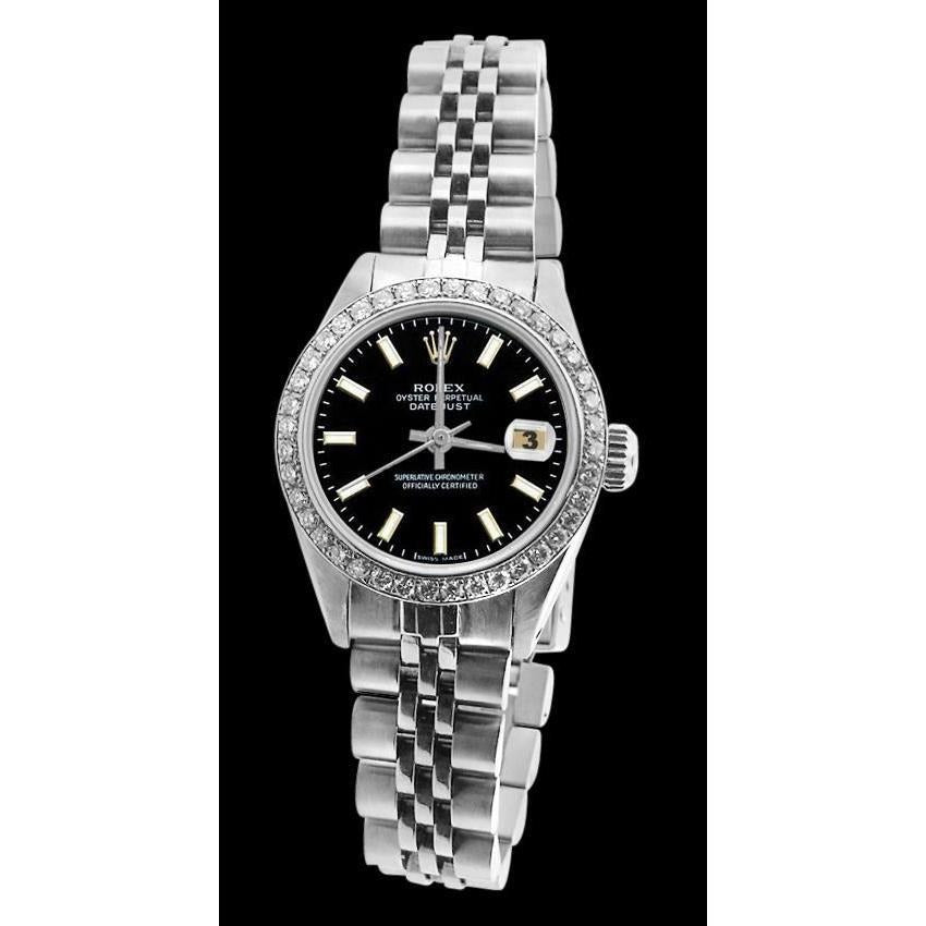 Black Stick Dial Diamond Bezel Rolex Watch
