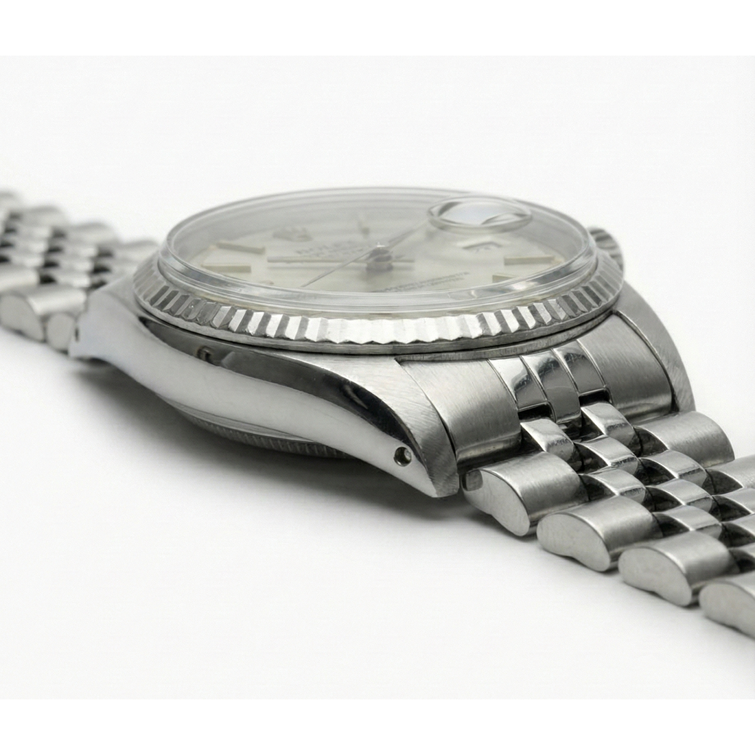 Stainless Steel Jubilee  Date Watch Gray Stick Dial Fluted Bezel