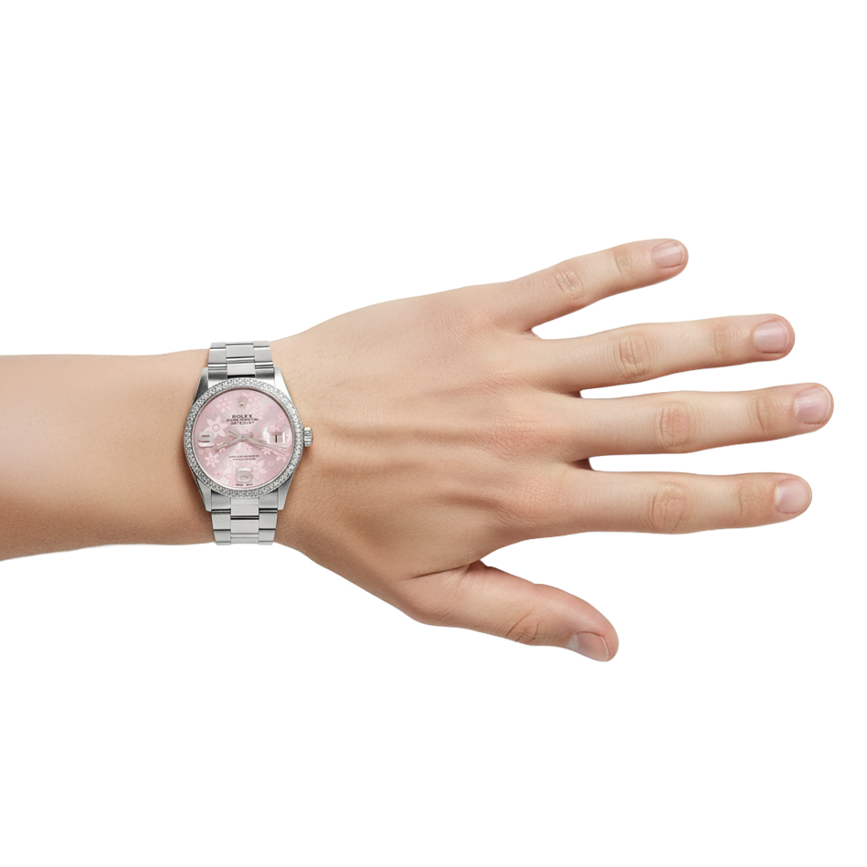 Stainless Steel Rolex Datejust Mens Watch Pink Dial Diamond Bezel-QUICK SET