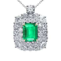 Statement Green Emerald Pendant Halo Diamond Necklace