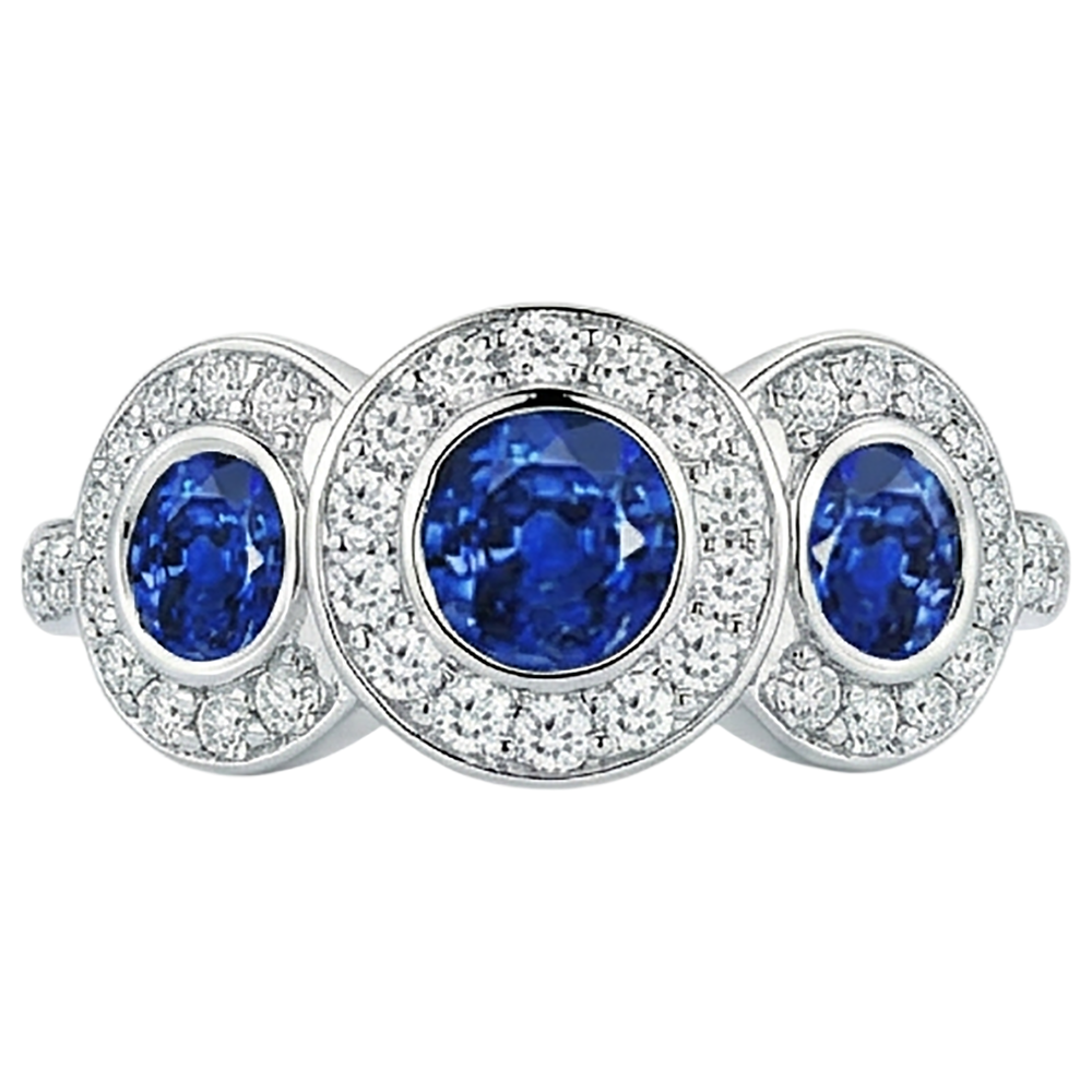 Tanzanite And Round Natural Earth Mined Diamonds 4.50 Carat Ring 3-Stone Style Gold 14K