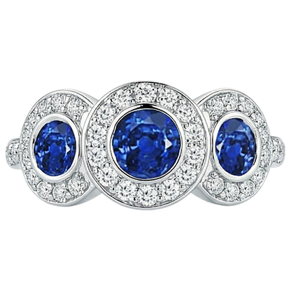 Tanzanite And Round Natural Earth Mined Diamonds 4.50 Carat Ring 3-Stone Style Gold 14K