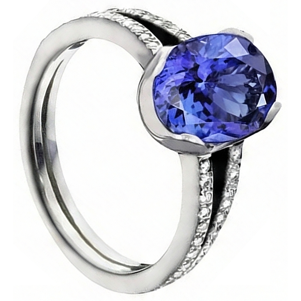 Tanzanite Oval And Round Natural Earth Mined Diamonds 3.75 Carat Gemstone Ring Jewelry