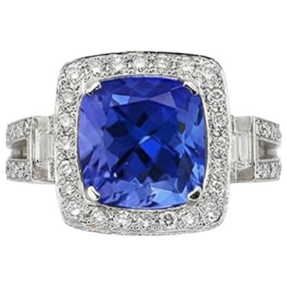 Tanzanite With Natural Earth Mined Diamonds 5.40 Ct Ring 14K White Gold