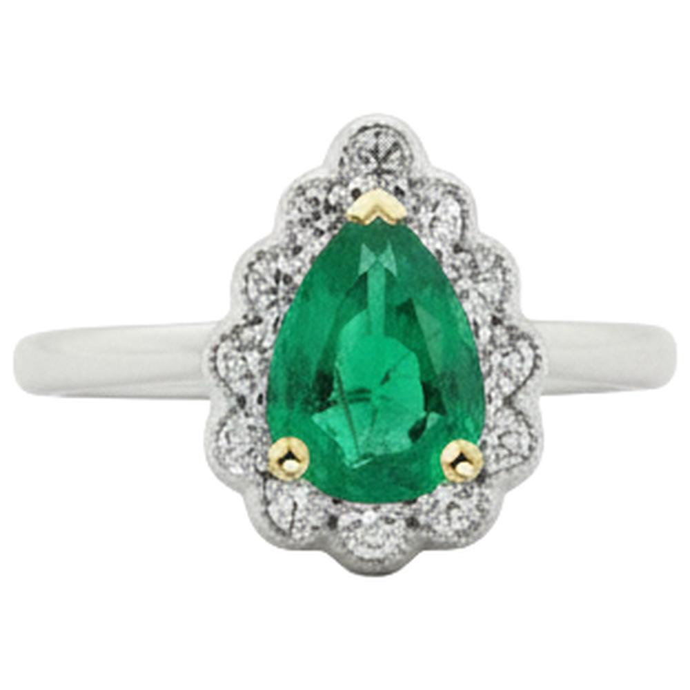 Natural Real ( Not Lab Grown ) Teardrop Green Emerald GIA Halo Ring