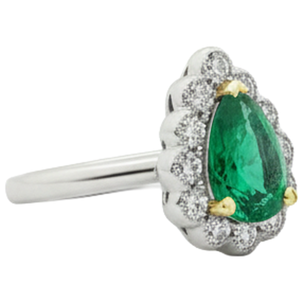 Natural Real ( Not Lab Grown ) Teardrop Green Emerald GIA Halo Ring