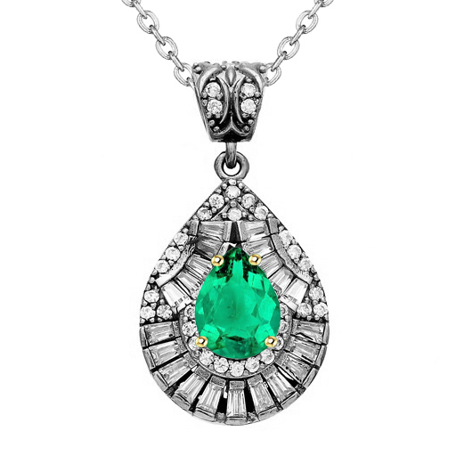 Teardrop Green Emerald With Diamonds Pendant Ladies Necklace
