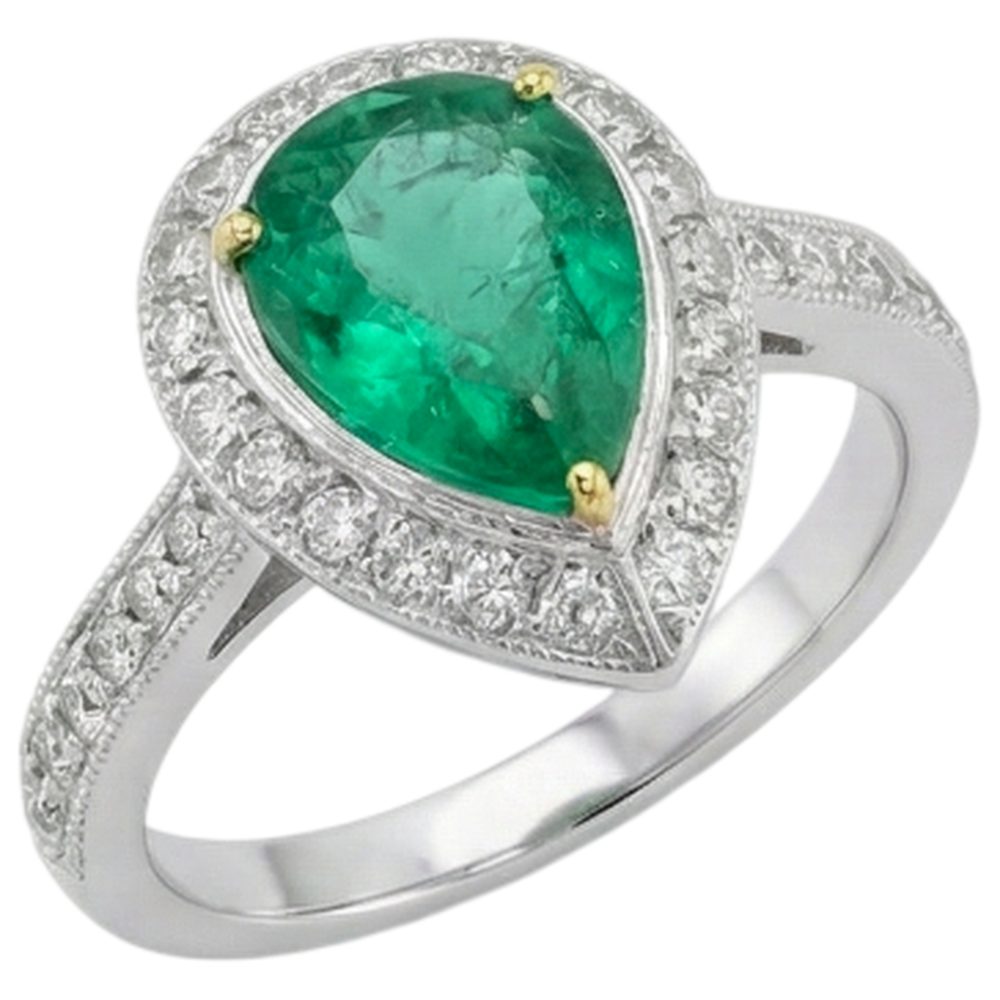 Natural Real ( Not Lab Grown ) Teardrop Style Green Emerald GIA Ring Halo Diamond Jewelry