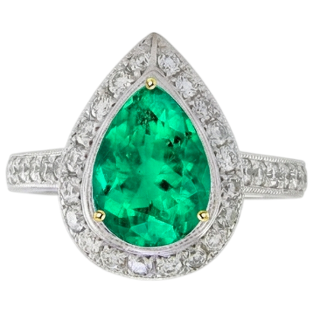 Natural Real ( Not Lab Grown ) Teardrop Style Green Emerald GIA Ring Halo Diamond Jewelry