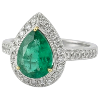 Natural Real ( Not Lab Grown ) Teardrop Style Green Emerald GIA Ring Halo Diamond Jewelry