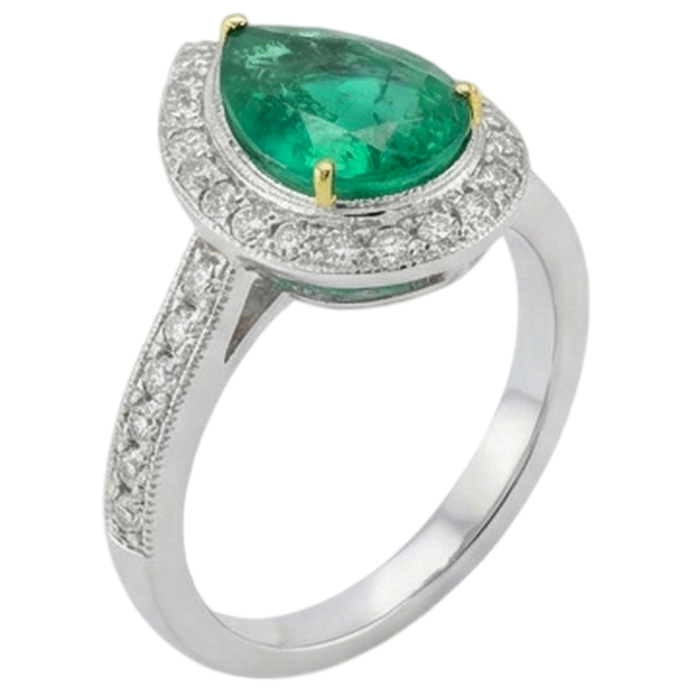 Natural Real ( Not Lab Grown ) Teardrop Style Green Emerald GIA Ring Halo Diamond Jewelry