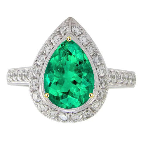 Teardrop Style Green Emerald Ring Halo Diamond Jewelry