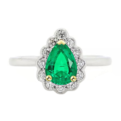 Natural Real ( Not Lab Grown ) Teardrop Green Emerald GIA Halo Ring