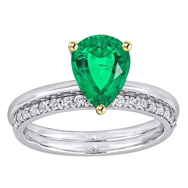 Teardrop Green Emerald Ring With Matching Band Set