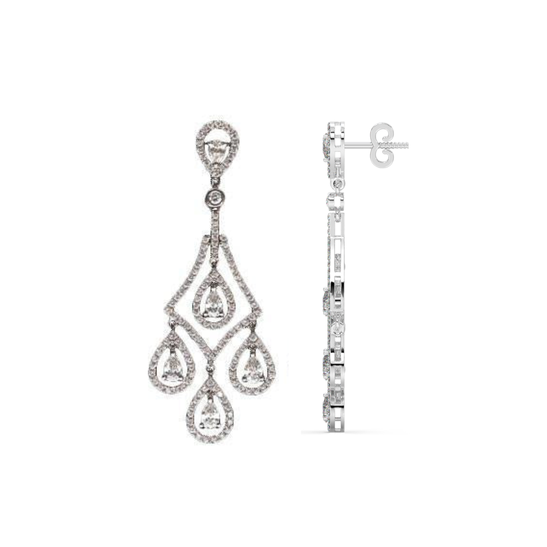 Teardrop Pear Natural Earth Mined Diamonds 5 Carat Chandelier Earrings Pair White Gold