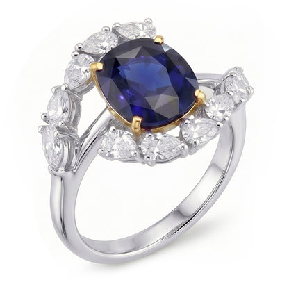 Tension Like Pear Natural Earth Mined Diamond Cushion Deep Blue Sapphire Ring